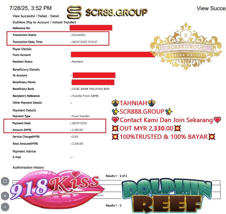 Bank transfer proof showing MYR 2,330 payout