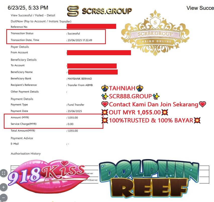 Bank transfer slip showing MYR 1,055 payout