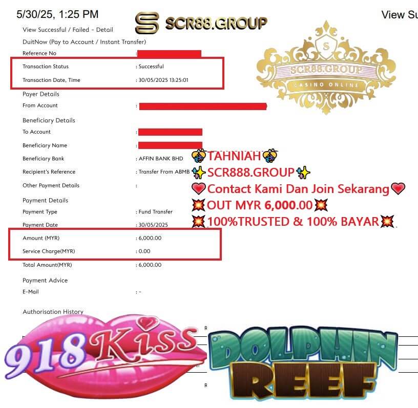 Bank transfer slip showing MYR 6K payout from 918Kiss