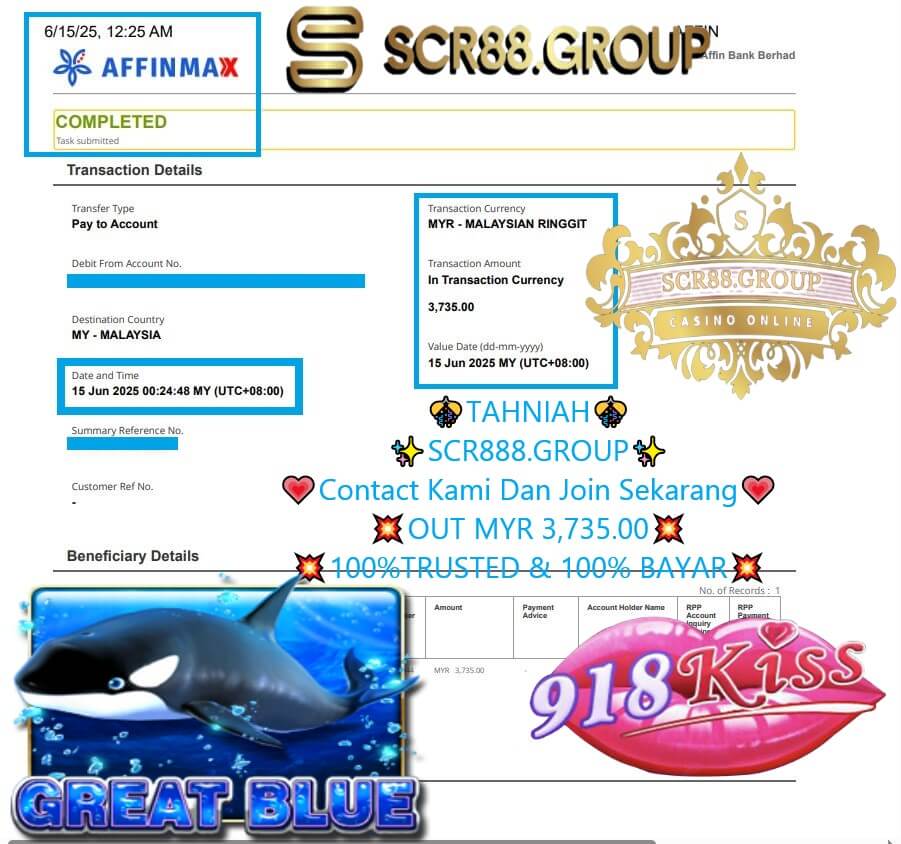 Proof of MYR 3,735 payout from 918Kiss Great Blue