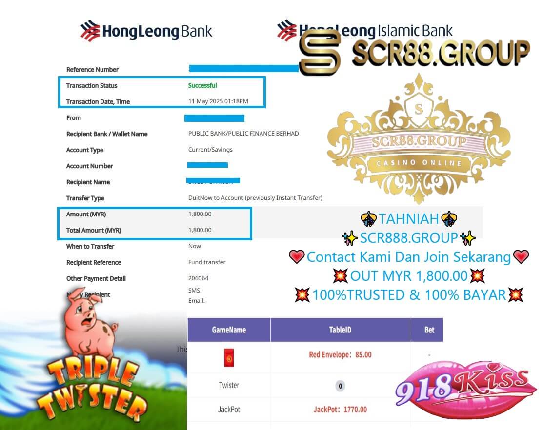 Bank transfer slip showing MYR 1,800 payout