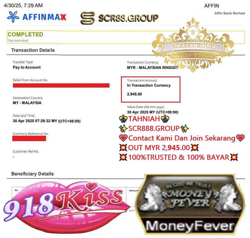 Bank transfer proof of my MYR 2,945 jackpot win