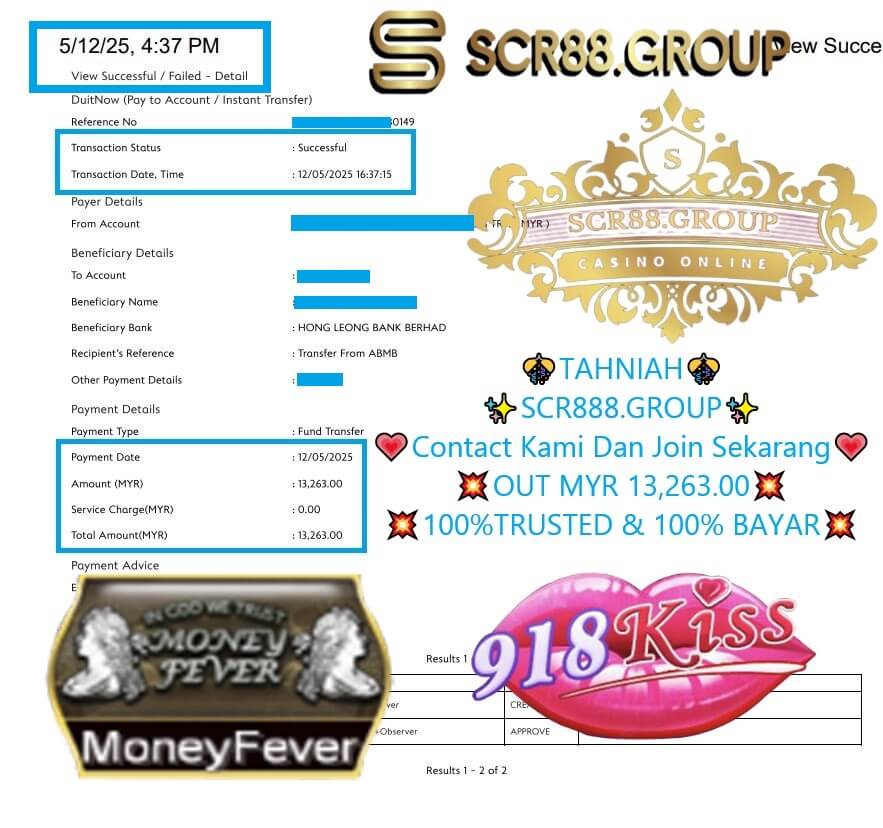 Bank transfer proof showing MYR 13,263 credited to my account