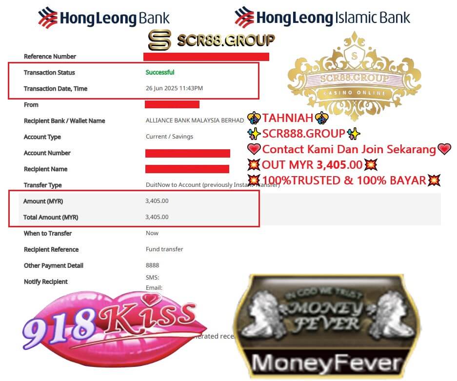 Bank transfer proof showing MYR3,405 payout to my account