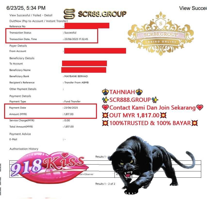 Bank transfer proof of MYR 1,817 win from Panther Moon
