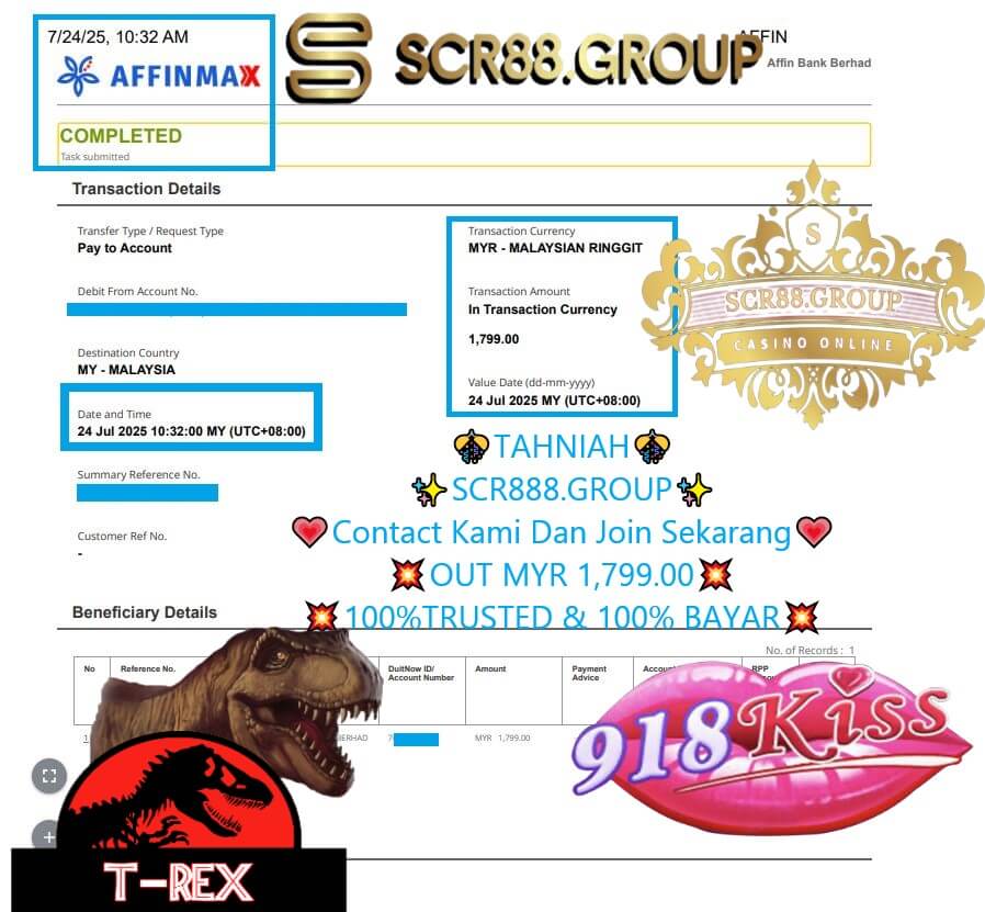 Bank transfer proof showing MYR 1,799 payout from 918Kiss T-Rex Adventure