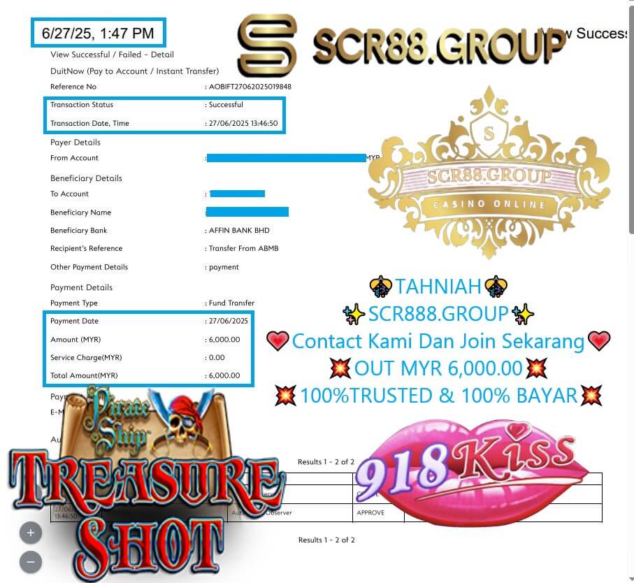 Bank transfer proof showing MYR 6,000 payout