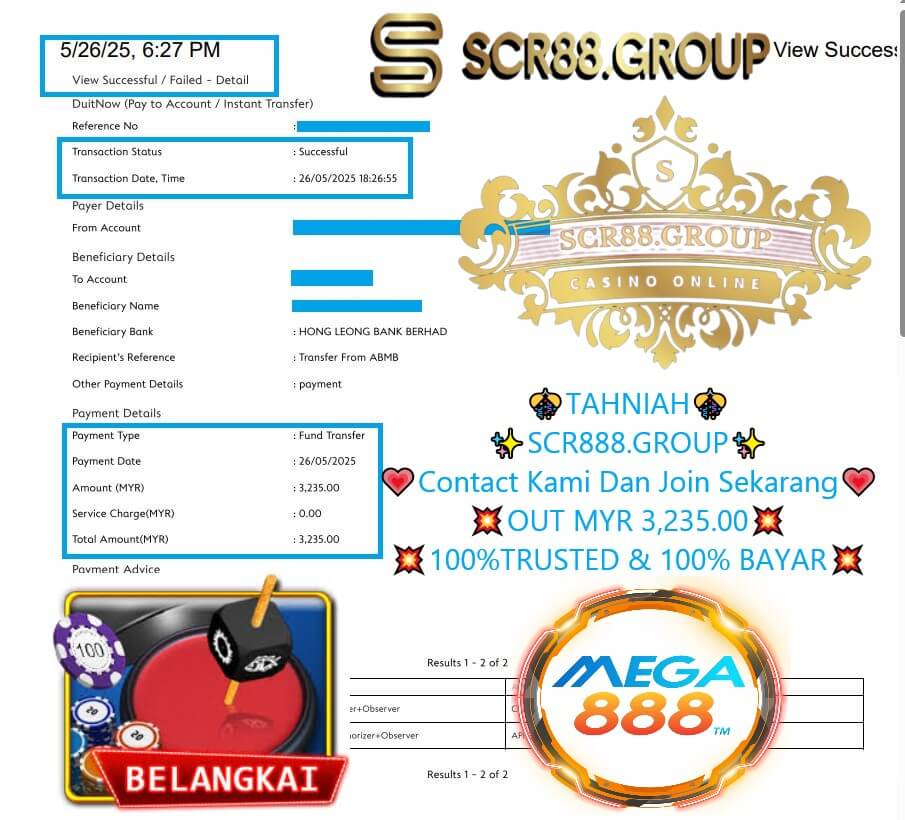 Bank transfer proof showing MYR 3,235 payout