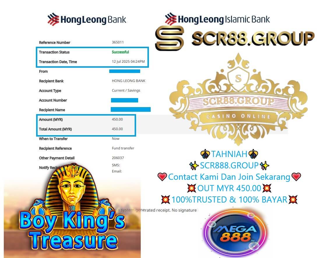 Bank transfer proof showing MYR450 payout from Mega888 BoyKing