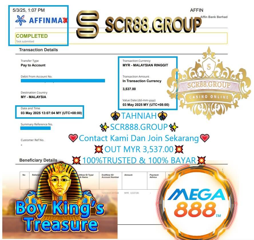 Bank transfer proof of MYR 300 win from Mega888 jackpot