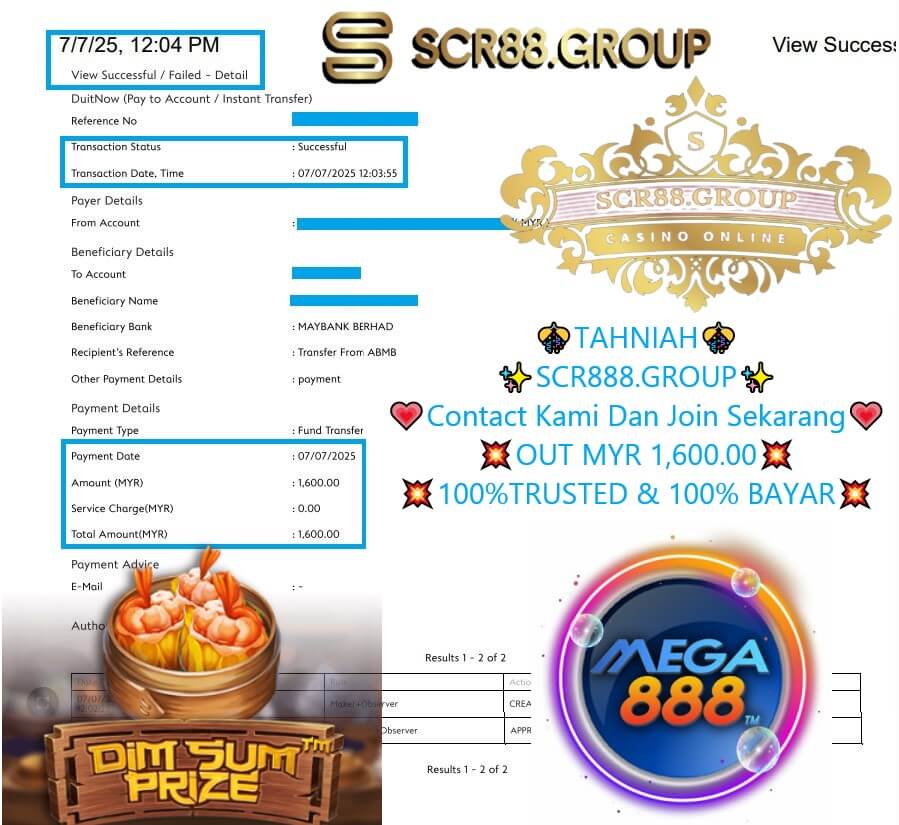 Bank transfer slip showing MYR 100 payout from Mega888 Dimsum Jackpot