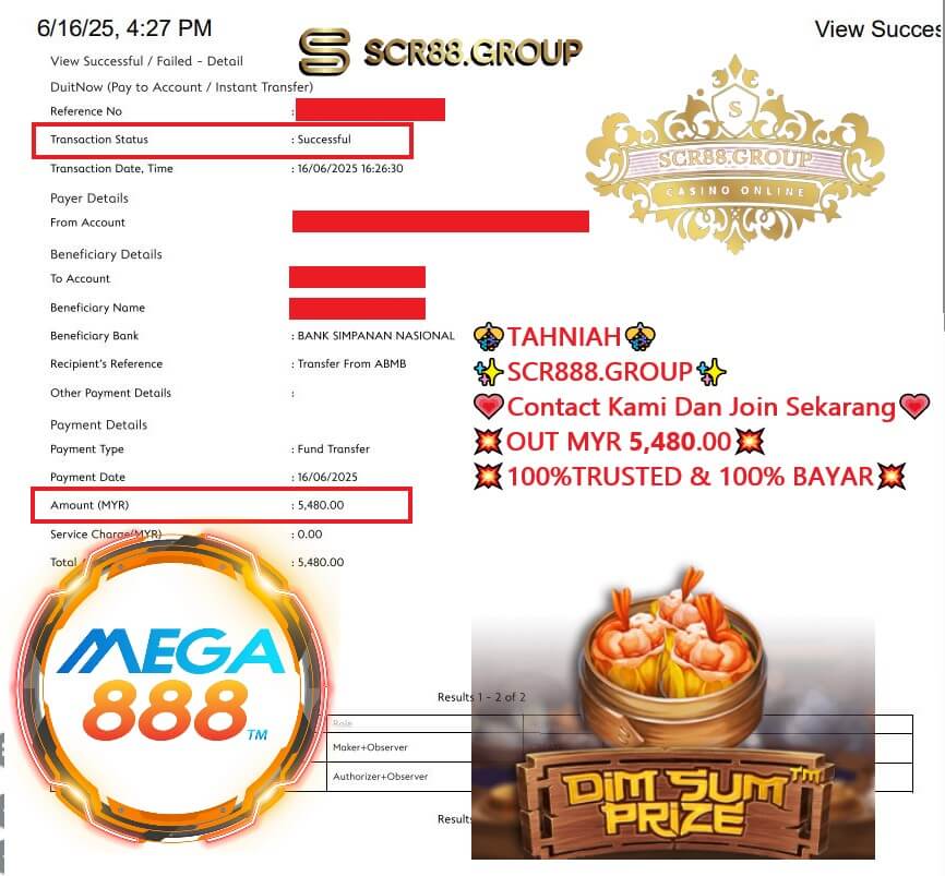 Bank transfer proof of MYR 200 win from Mega888 Dimsum Jackpot