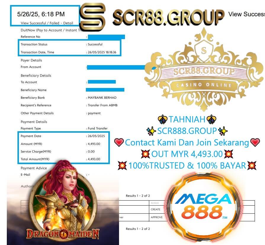 Bank transfer proof of MYR 350 win from Mega888 Dragon Maiden