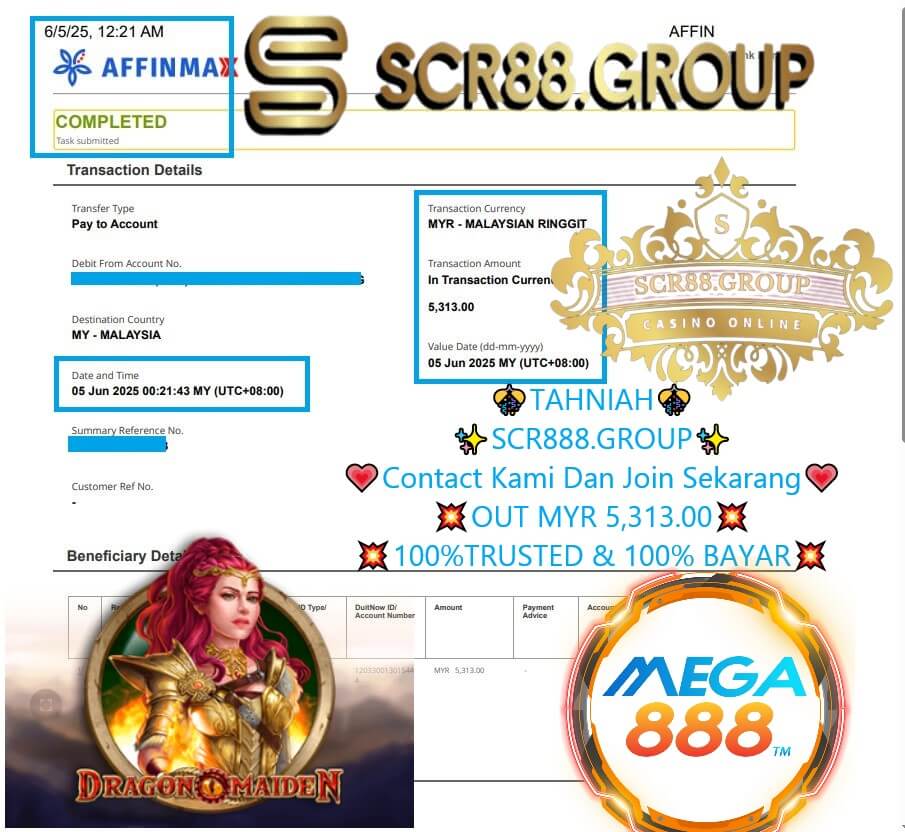 Bank transfer slip showing MYR 5,313 payout