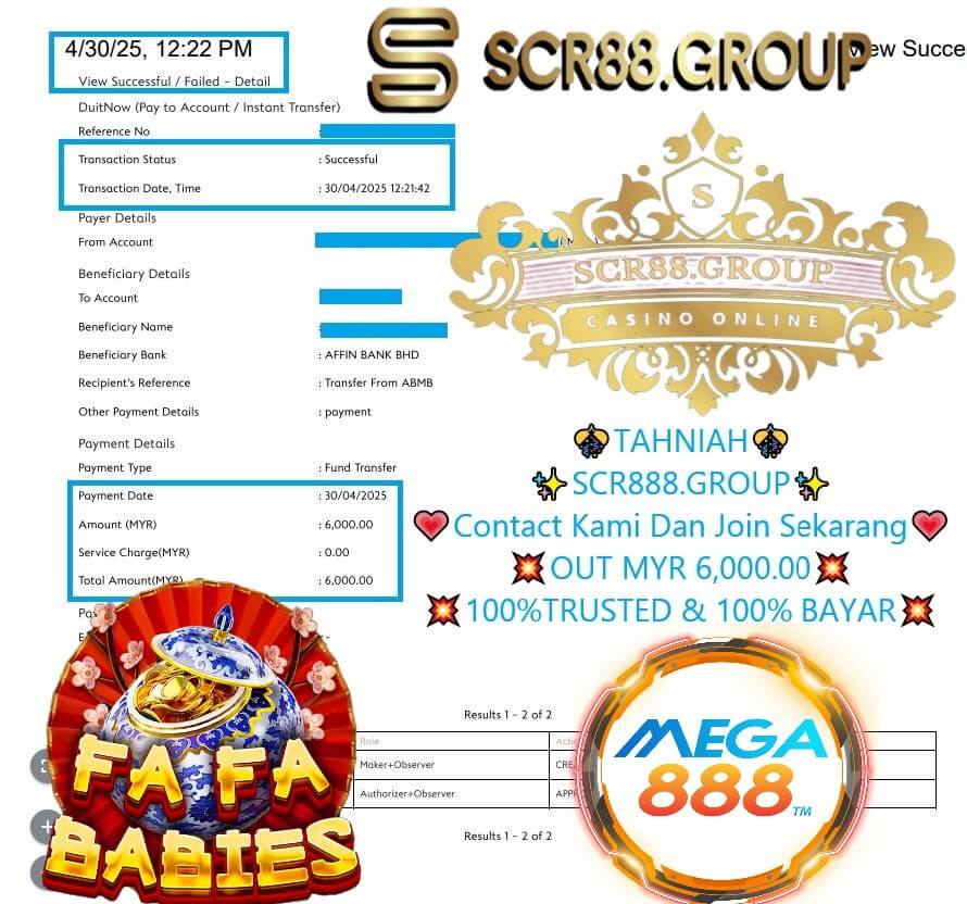 Bank transfer slip showing MYR 500 payout from Mega888 Fafa Babies jackpot