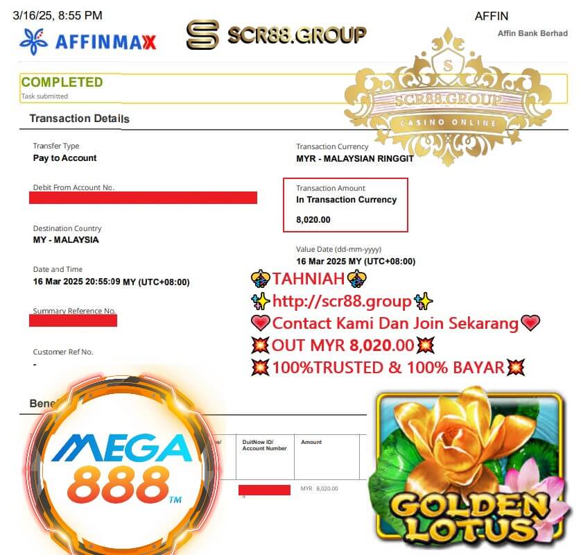 Proof of MYR 8,020 payout from Mega888 Golden Lotus