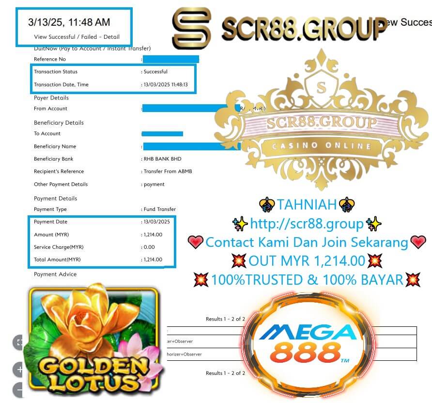 Proof of payout from Mega888 Golden Lotus