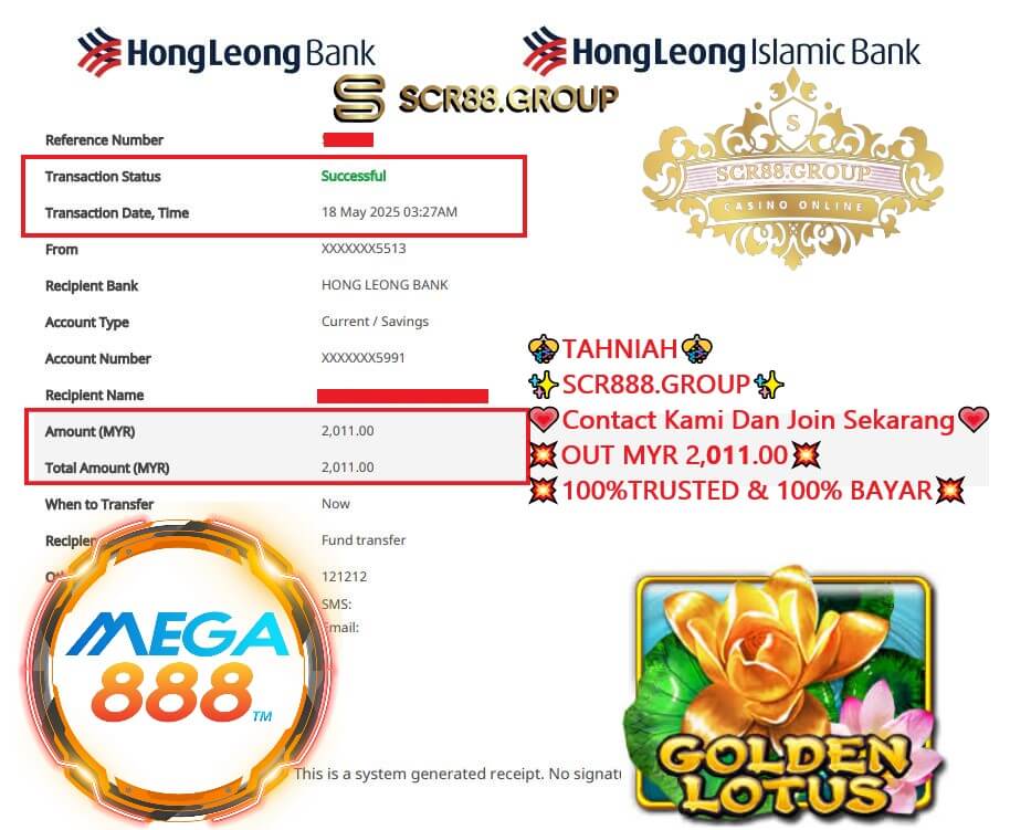 Bank transfer slip showing MYR 2,011 payout from Mega888 Golden Lotus win