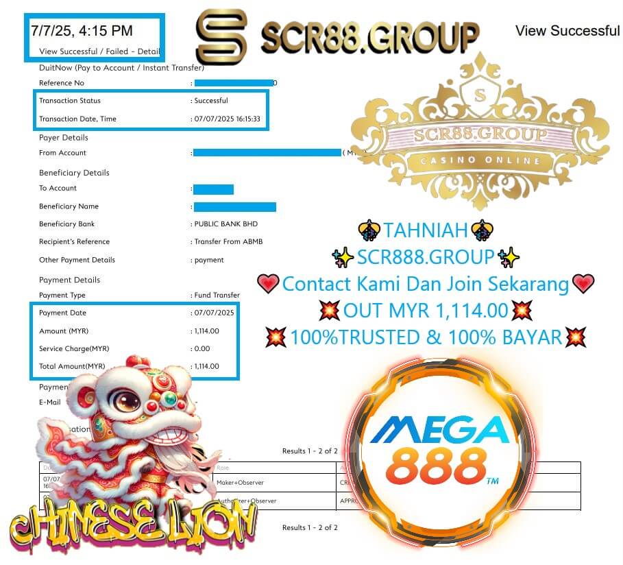 Bank transfer proof showing MYR1,114 payout from Mega888 Lion Roar
