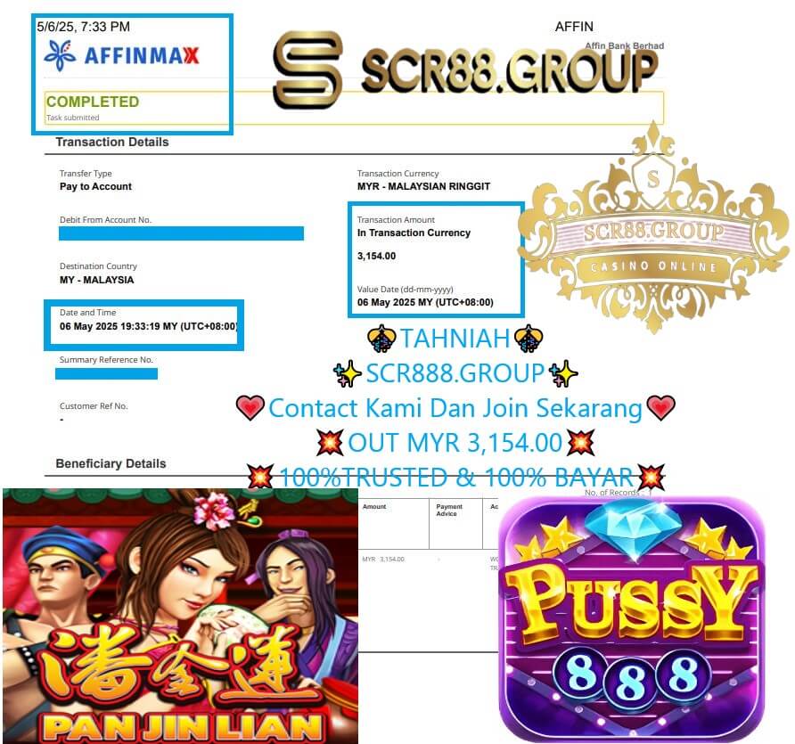 Bank transfer slip showing MYR 15,888 payout from Mega888 Ocean King