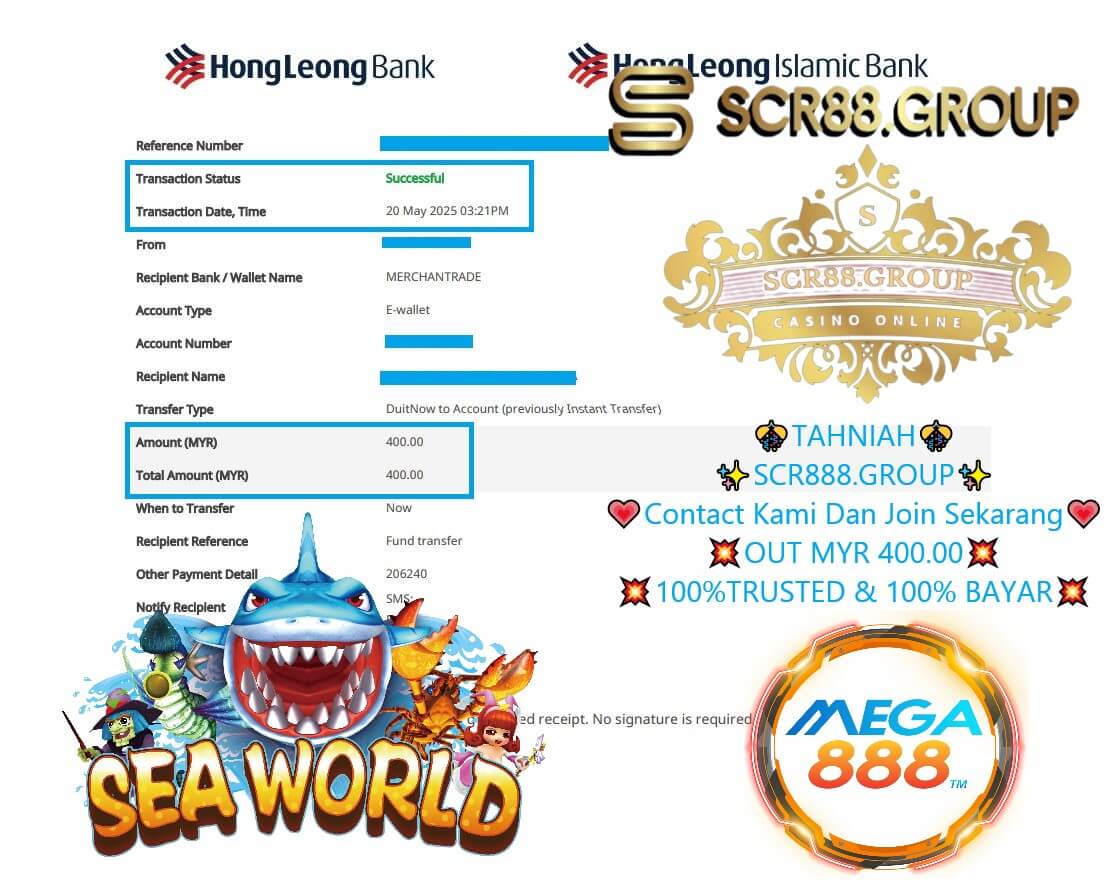 Proof of my MYR 400 jackpot payout from Mega888 Sea World Adventure
