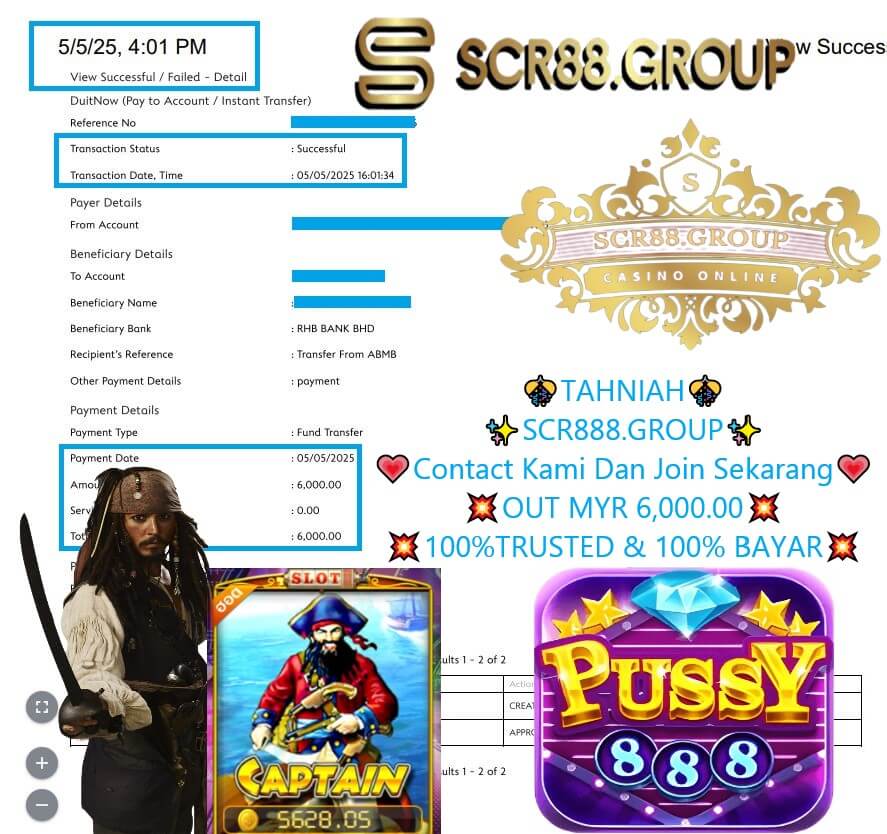 Bank transfer proof of MYR 500 payout from Pussy888 jackpot
