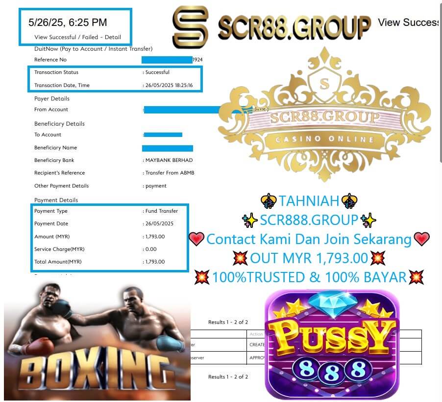 Bank transfer proof showing MYR1,793 payout from Pussy888 & Pussy88 Boxing