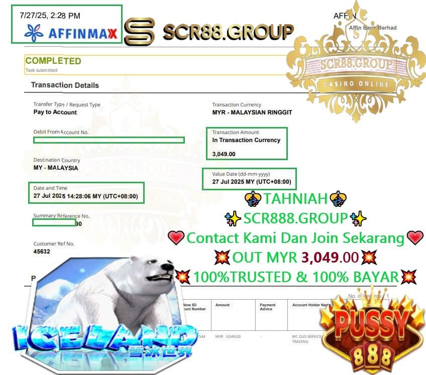 Bank transfer proof showing MYR 3,049 payout