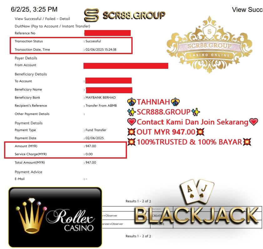 Proof of my MYR947 payout from Rollex11 Blackjack