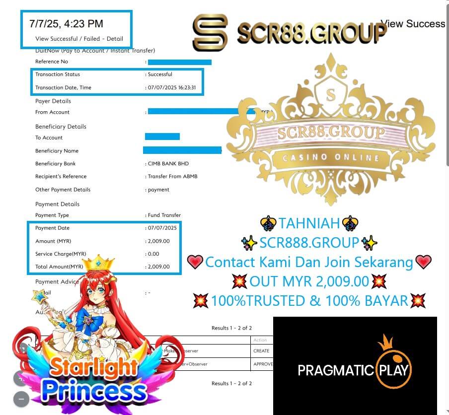 Bank transfer proof of MYR 250 win from Starlight Princess